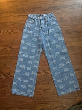 Floral Pattern Wide Leg Jeans - Light Blue